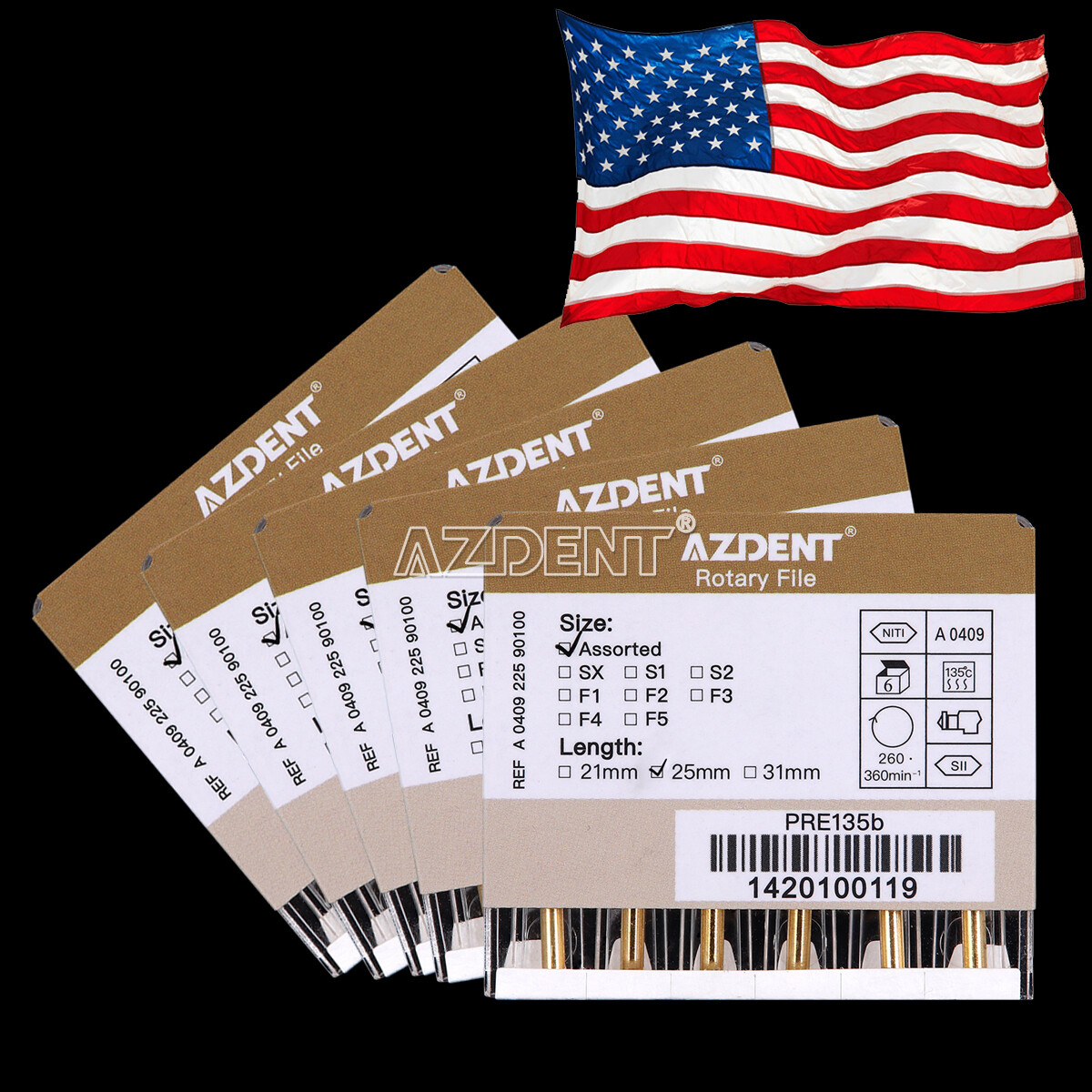 AZDENT Dental Endodontic Gold Taper NITI Rotary Files Engine Use 25mm 6PCS/Packs