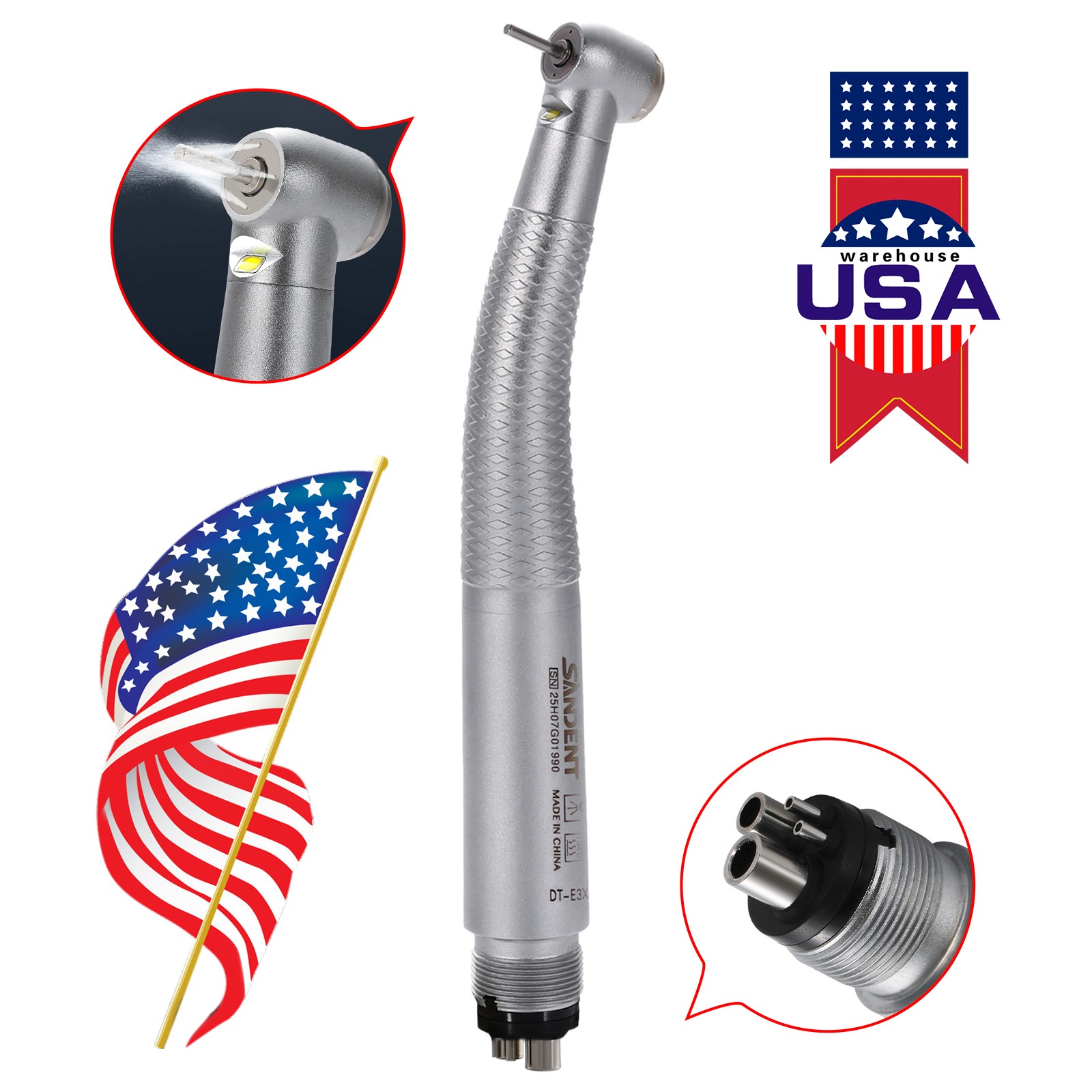 Dental LED E-generator High Speed Handpiece 4Holes 4-Port Spray SANDENT FG1.60mm