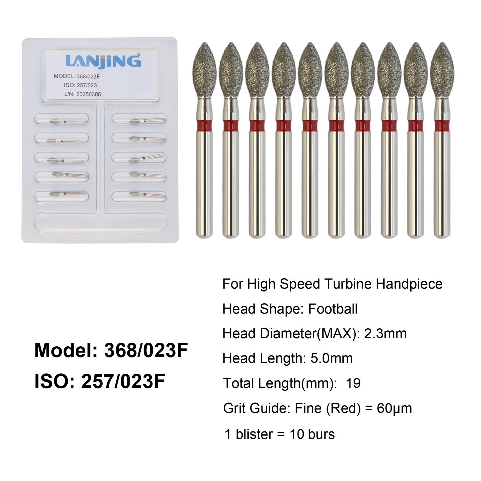 Dental Diamond Burs FG Football Diamond Bur Fine Grit Red 368/023F High Speed