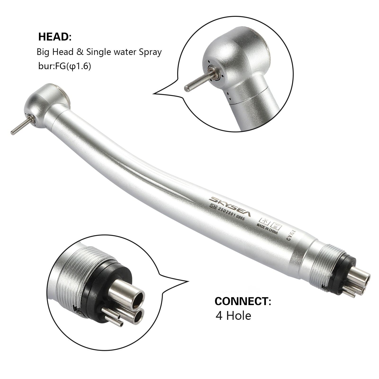 1-5 SKYSEA Dental High Speed Handpiece Big Head Push Button Type 4Hole FG 1.60mm