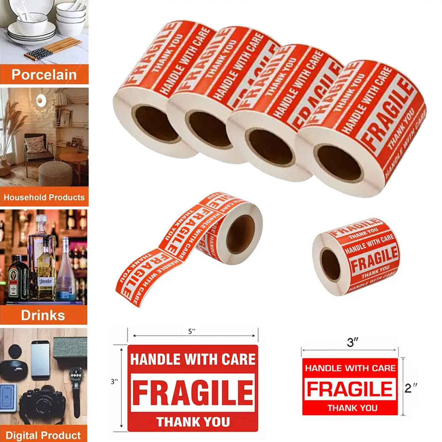 2000 Fragile Stickers 2×3 Handle with Care Thank You Warning Labels Mailing US