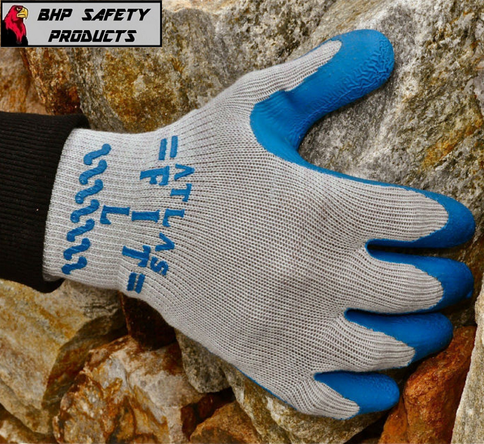 ATLAS FIT 300 SHOWA NATURAL LATEX PALM BLUE LARGE RUBBER WORK GLOVES (1 DOZEN)