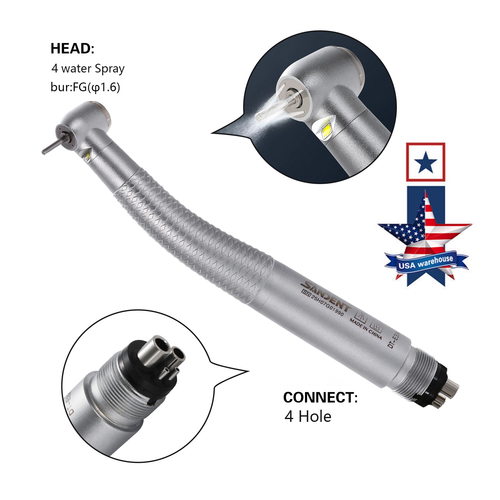 Dental LED E-generator High Speed Handpiece 4Holes 4-Port Spray SANDENT FG1.60mm