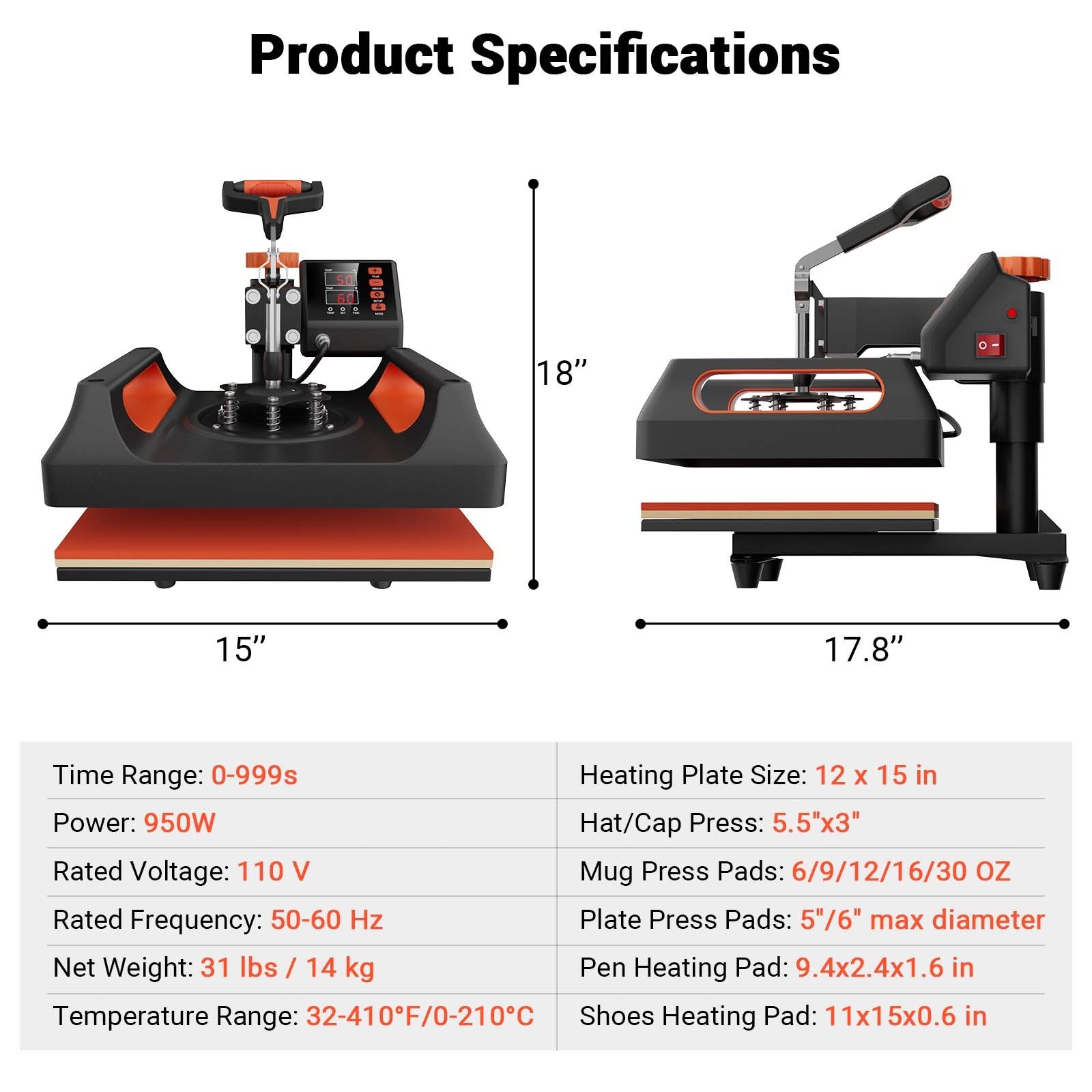 12″ x15″ Clamshell Heat Press Machine for T-Shirt Digital Transfer Sublimation