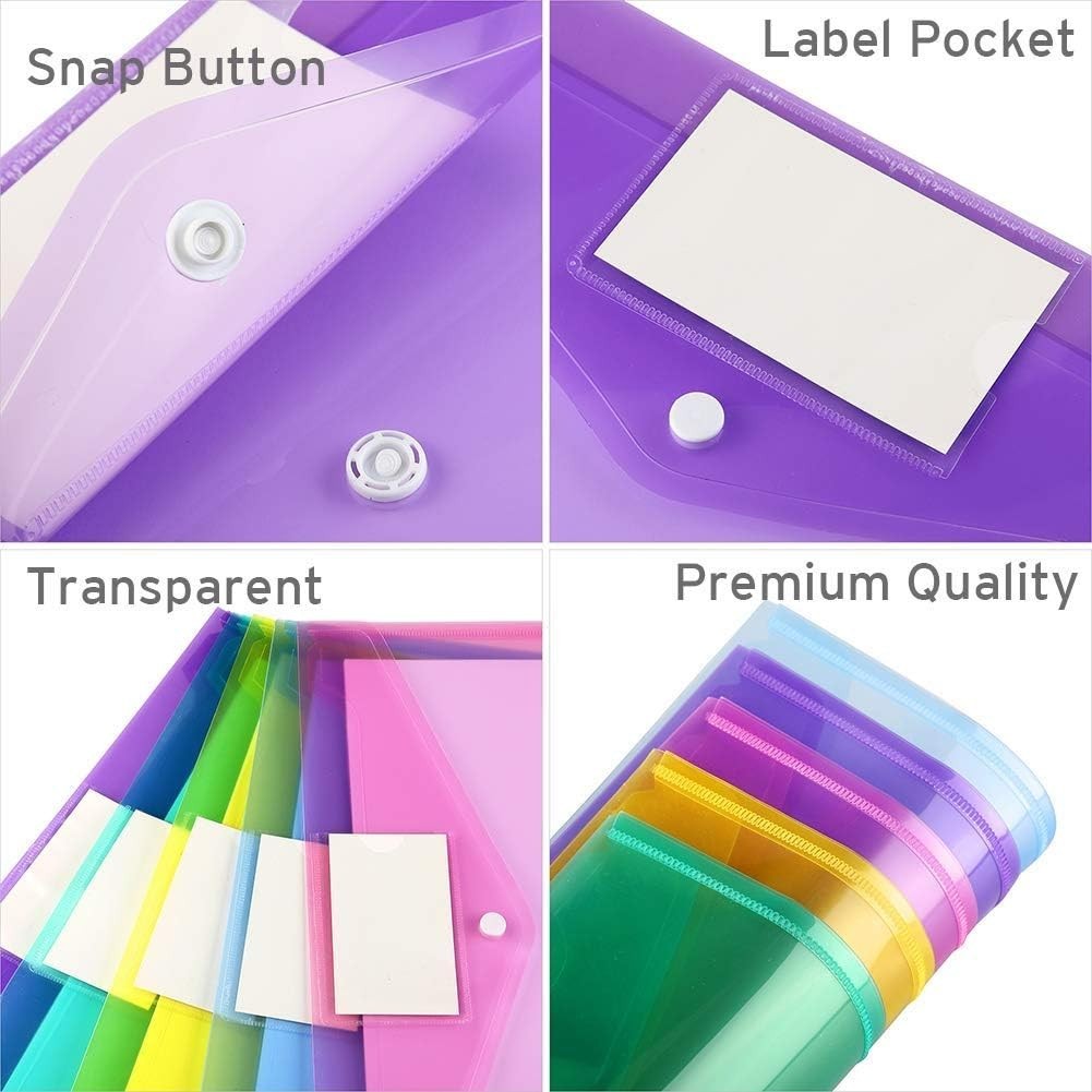 12 Eco-Friendly Plastic Folders with Colorful Snap Closure and Labeling Pockets