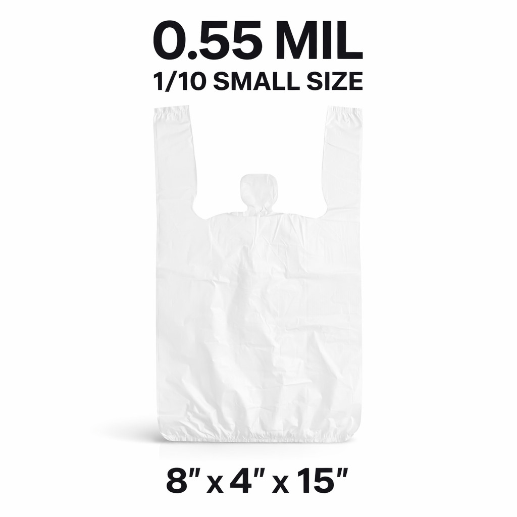 Bags 1/10 Small 8 x 4 x 15 0.55 MIL White T-Shirt Plastic Grocery Shopping Bags