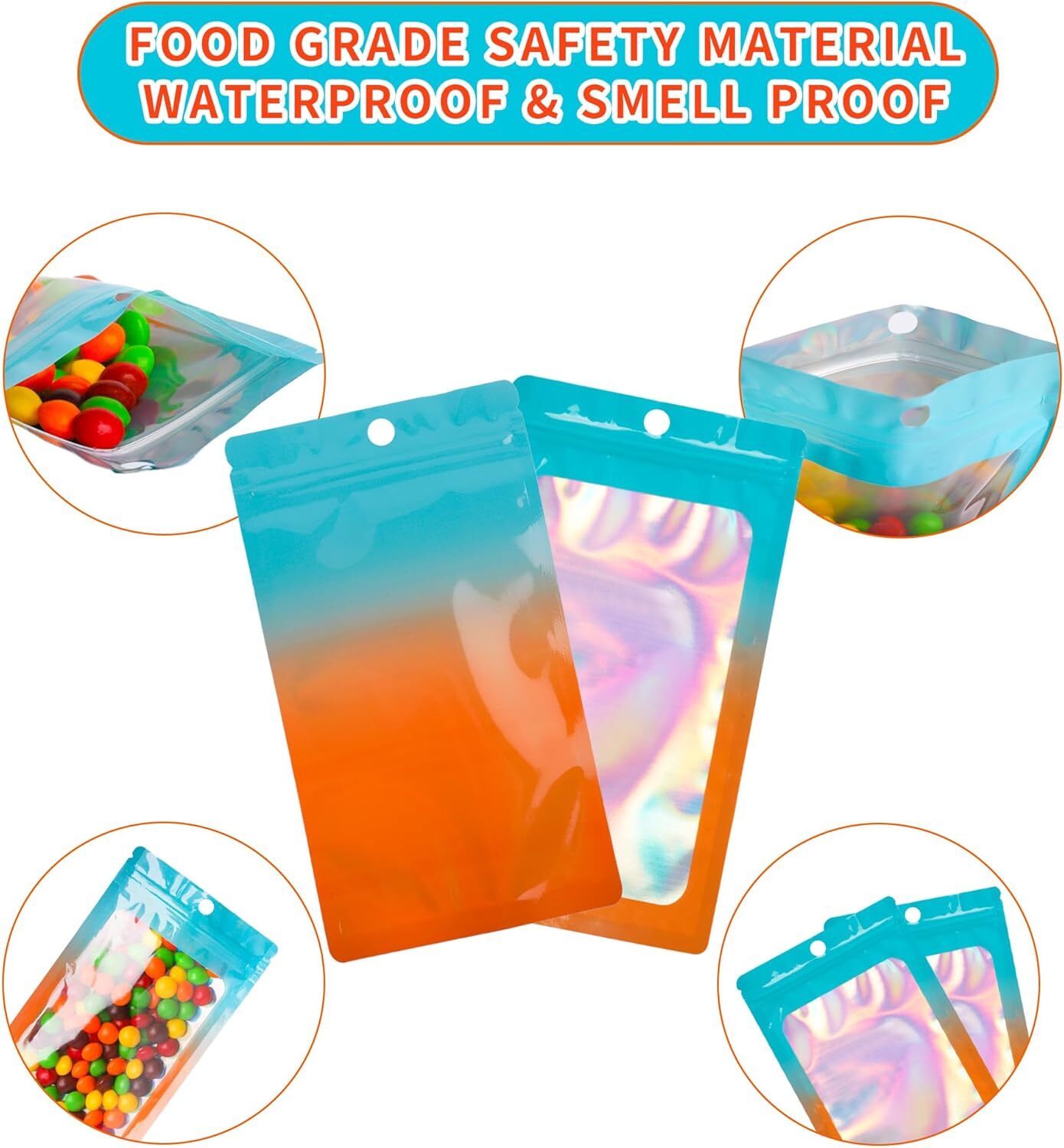 100 Holographic Mylar Foil Bags 4×6 in Smell Proof Resealable Zipper Pouch Food