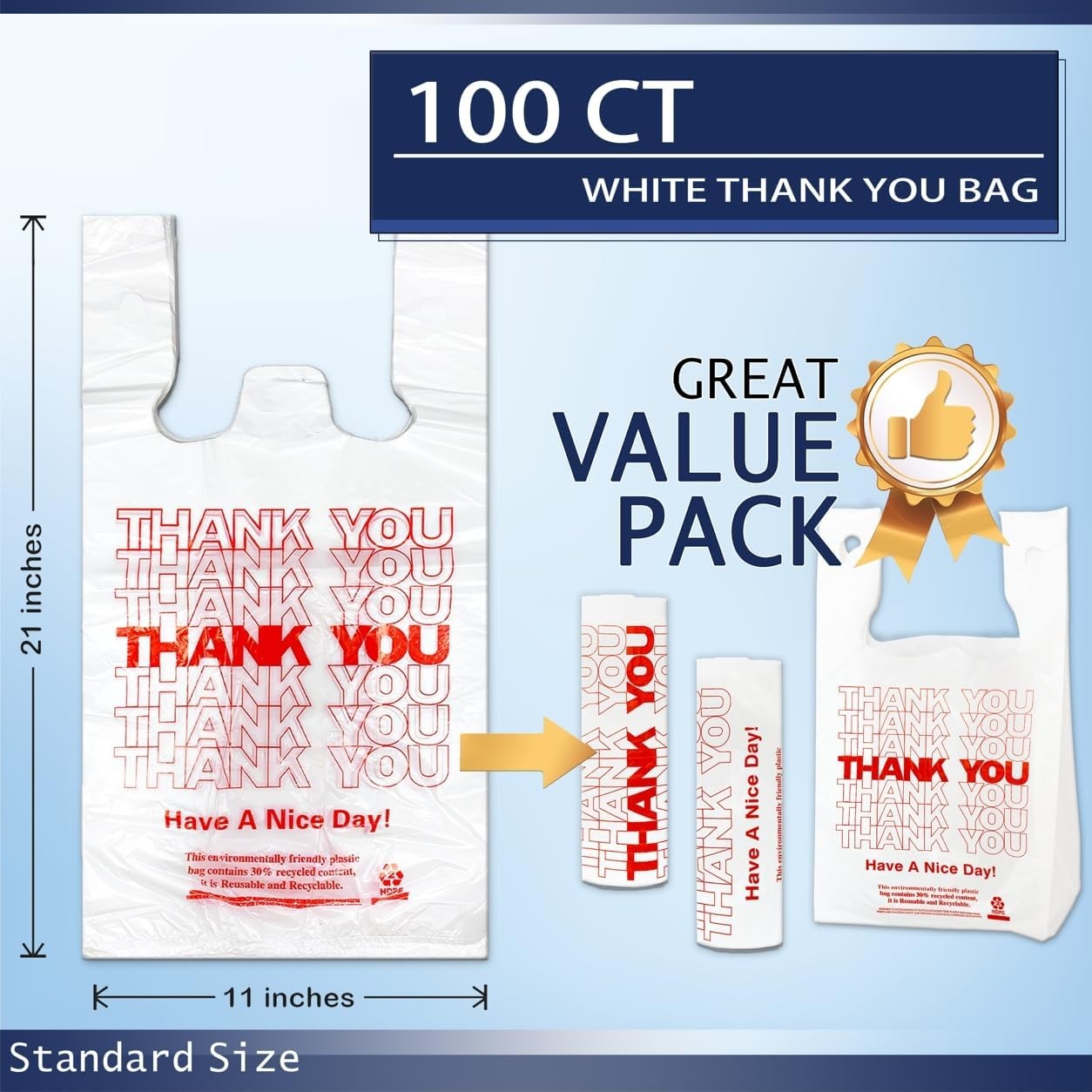 100 Count White Thank You T-Shirt Bags, 11 x 6 x 21 in | Durable HDPE with