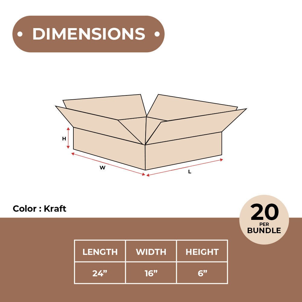 24 x 16 x 6″ Flat Corrugated Boxes, ECT-32 Brown Shipping/Moving Boxes 20/Bundle