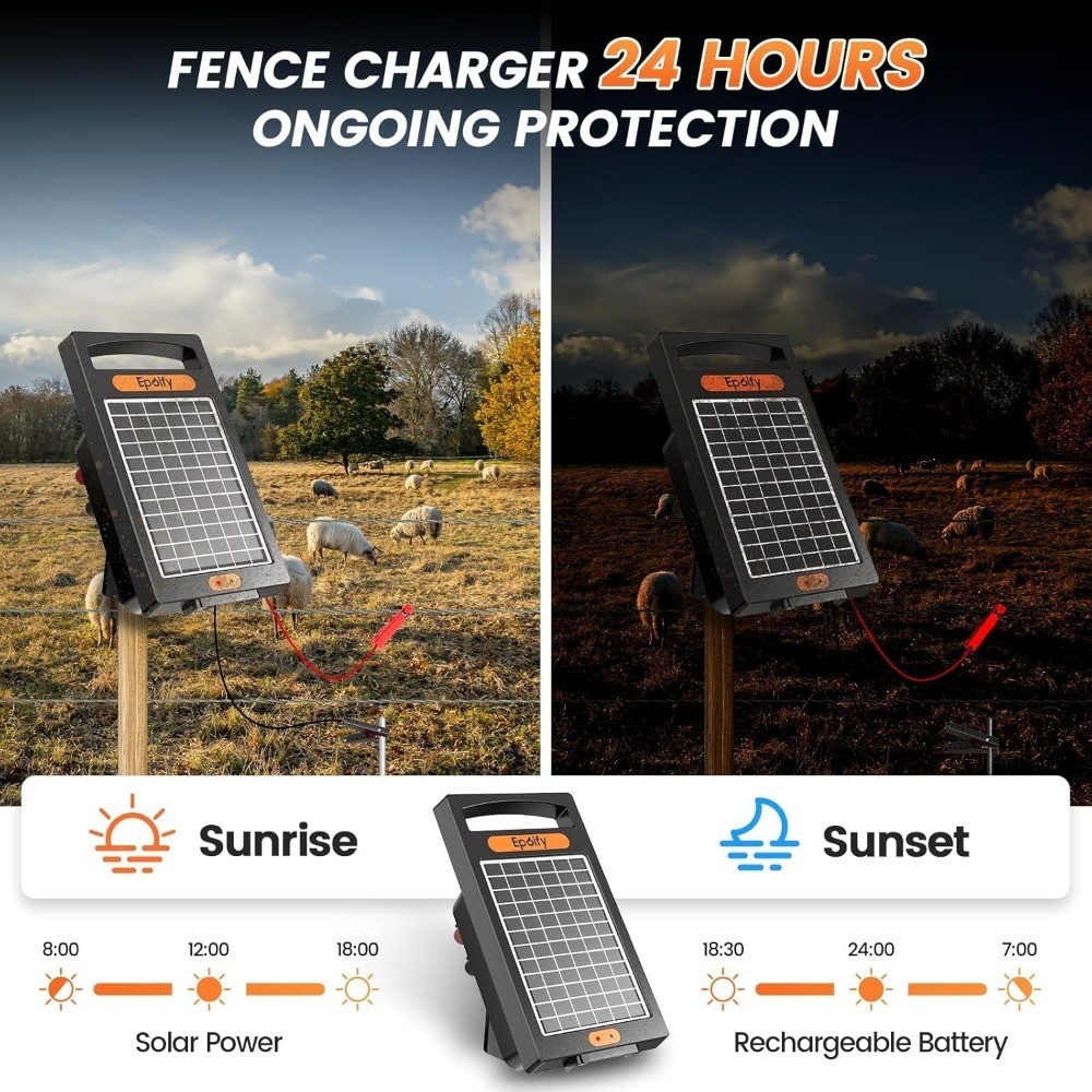 Solar Powered Electric Fence Charger 24 Hour Continuous Operation 10 Mile Range