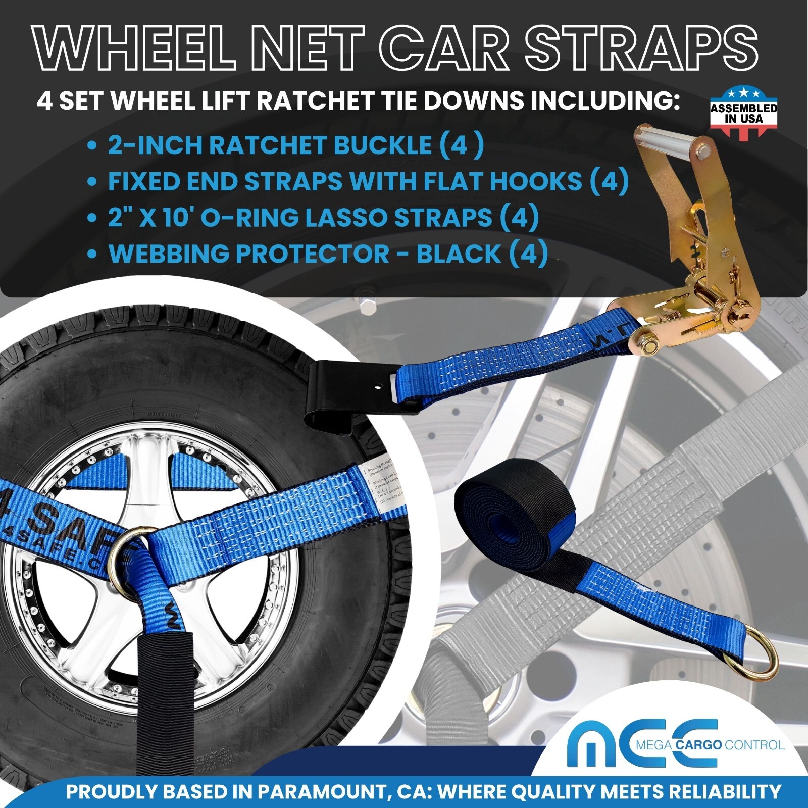 USA 4 Pack 2″ x10′ Side Mount Wheel Net Tie Down Ratchet w/Flat Hook Lasso Strap