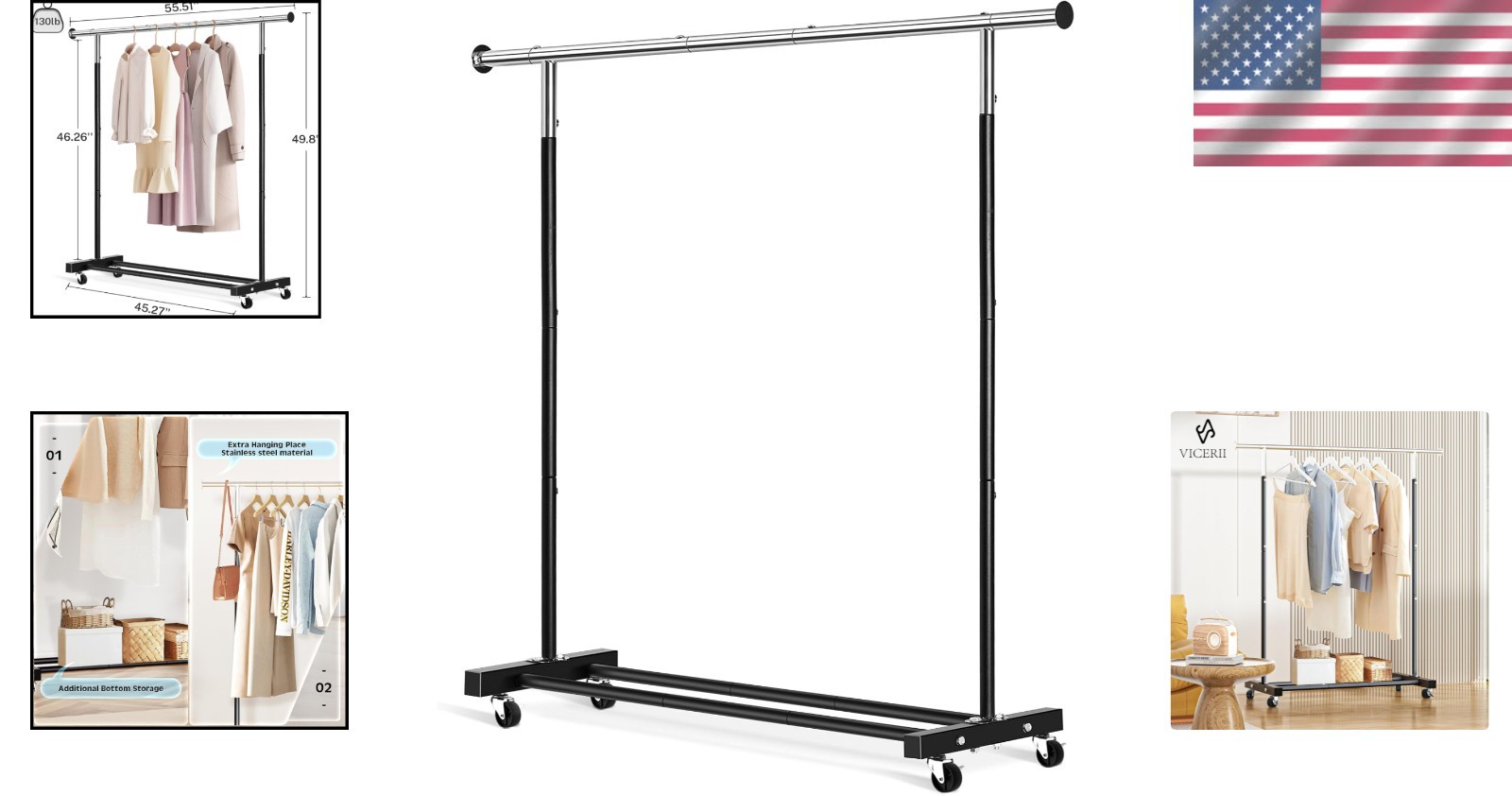 Clothing Rack Heavy Duty Rolling Garment Rack with Wheels for Hanging Clothes
