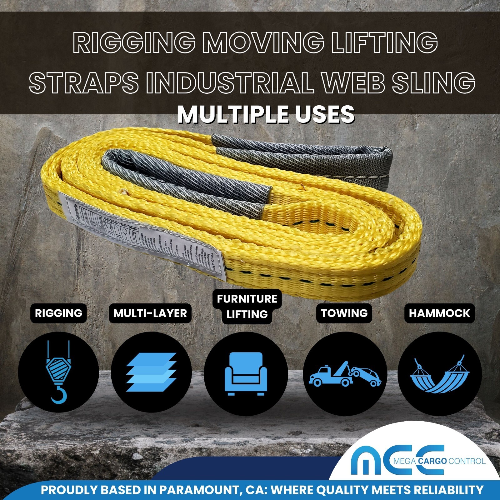 1 Pack 1″ x 9ft 2 Ply Polyester Flat Eye Lifting Sling Strap Web Sling 3100 lbs
