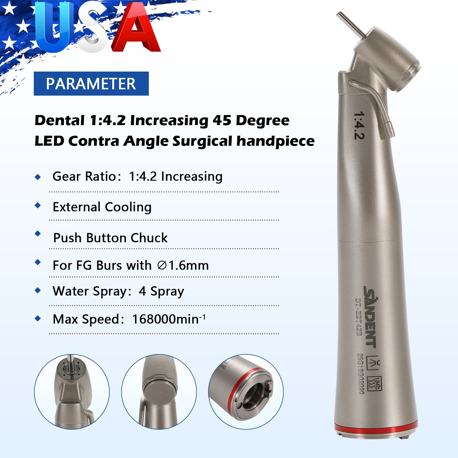 Dental Optic Fiber LED 1:4.2 Increasing Handpiece 45°Angle Head External Channel