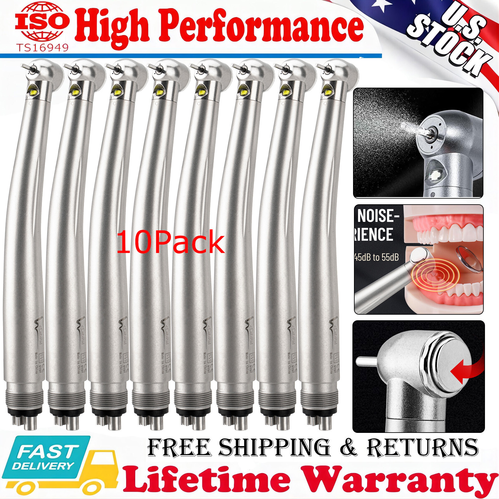 Dental LED Fiber Optic E-Generator High Speed Handpiece 3 Way Spray Push 4 Holes