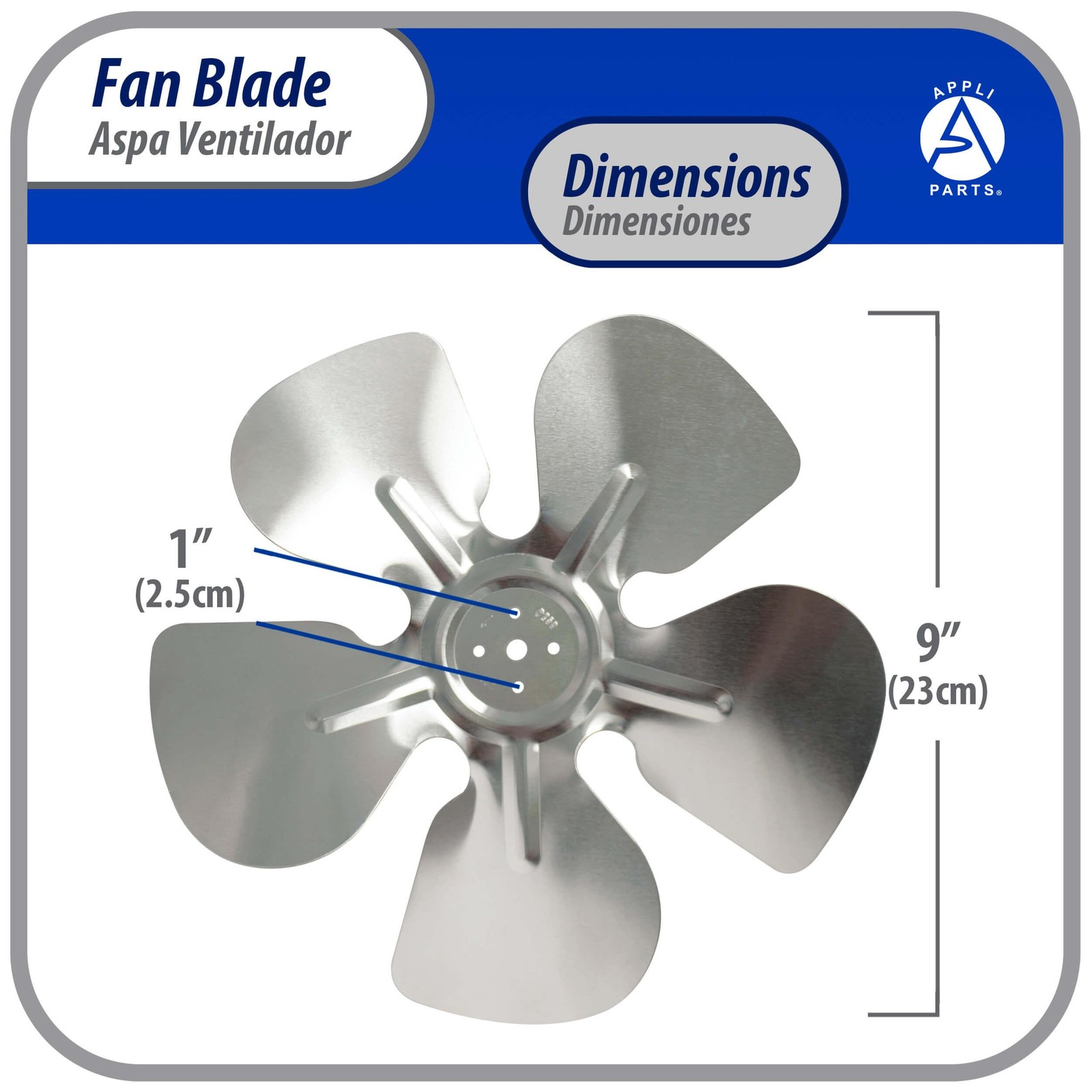 Appli Parts APFB-A09CCW Aluminum Fan Blade 9 in, 230 mm, CCW, 22 degrees, hubles
