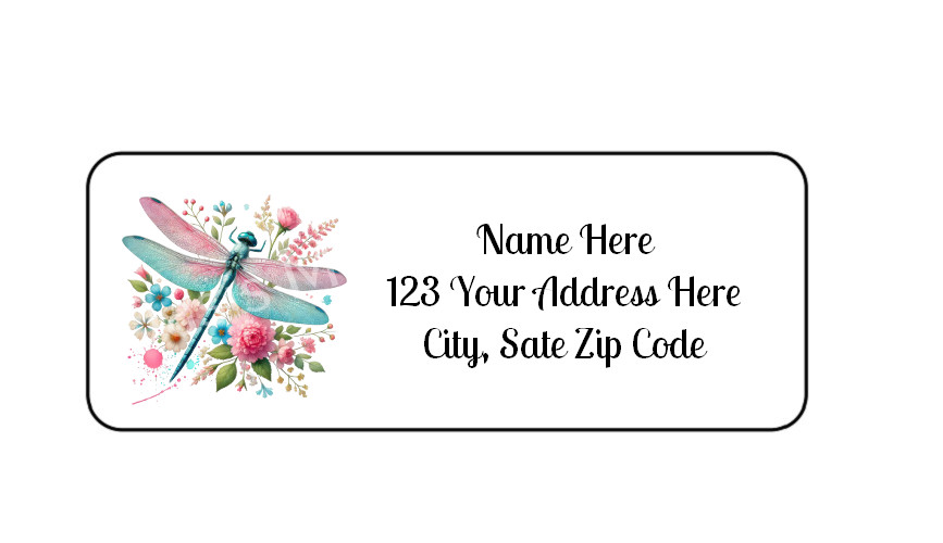 30 Dragonfly With Flowers PERSONALIZED RETURN ADDRESS LABELS 1 in X 2 5/8 GLOSSY