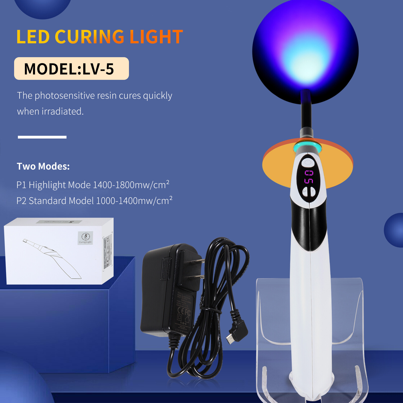 Dental Light Cure Lamp Cordless 3 Modes Metal Head LED 5SEC Dental Curing Light