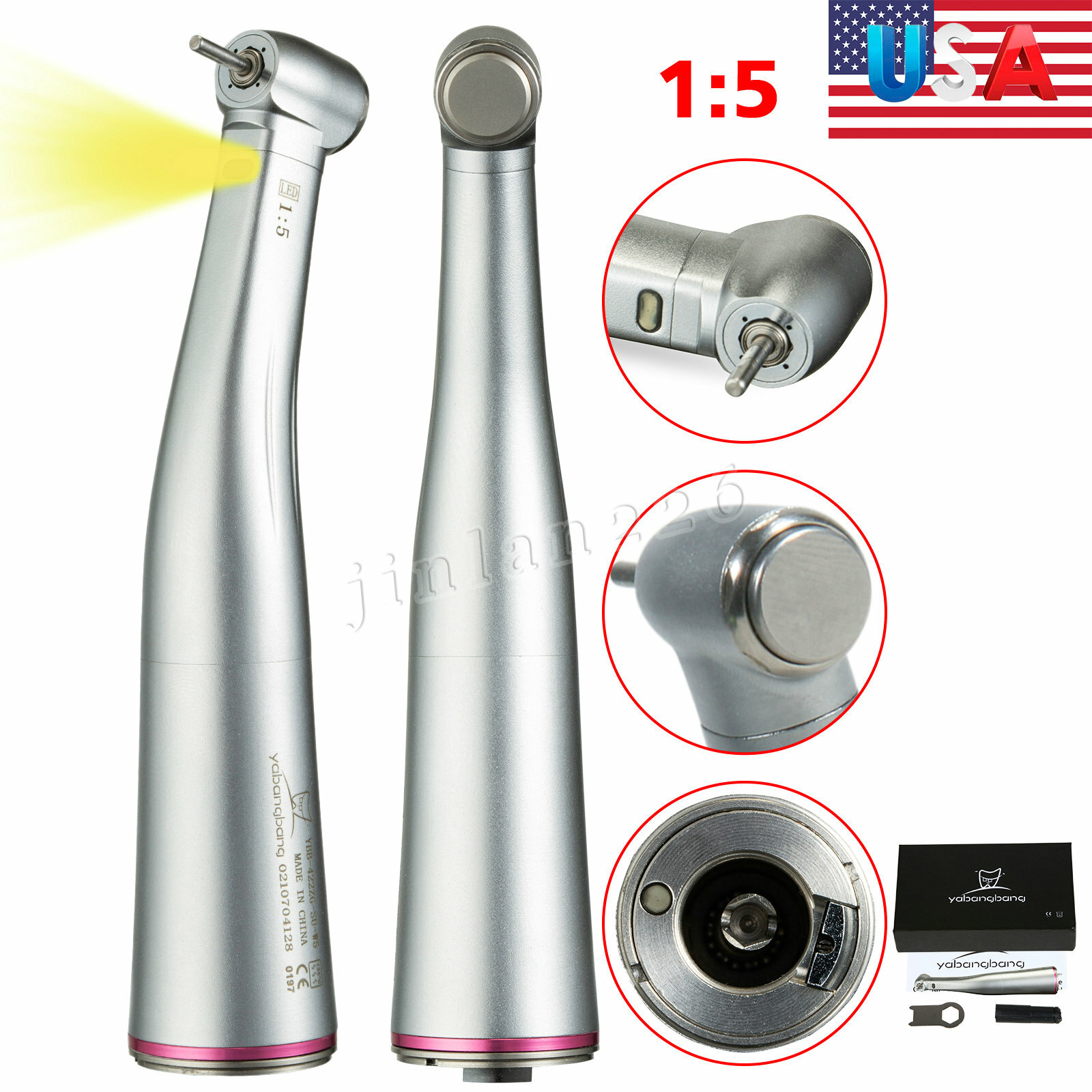 LED Optic 1:5 Dental Electric Contra Angle Handpiece Red Ring Fit NSK Sirona