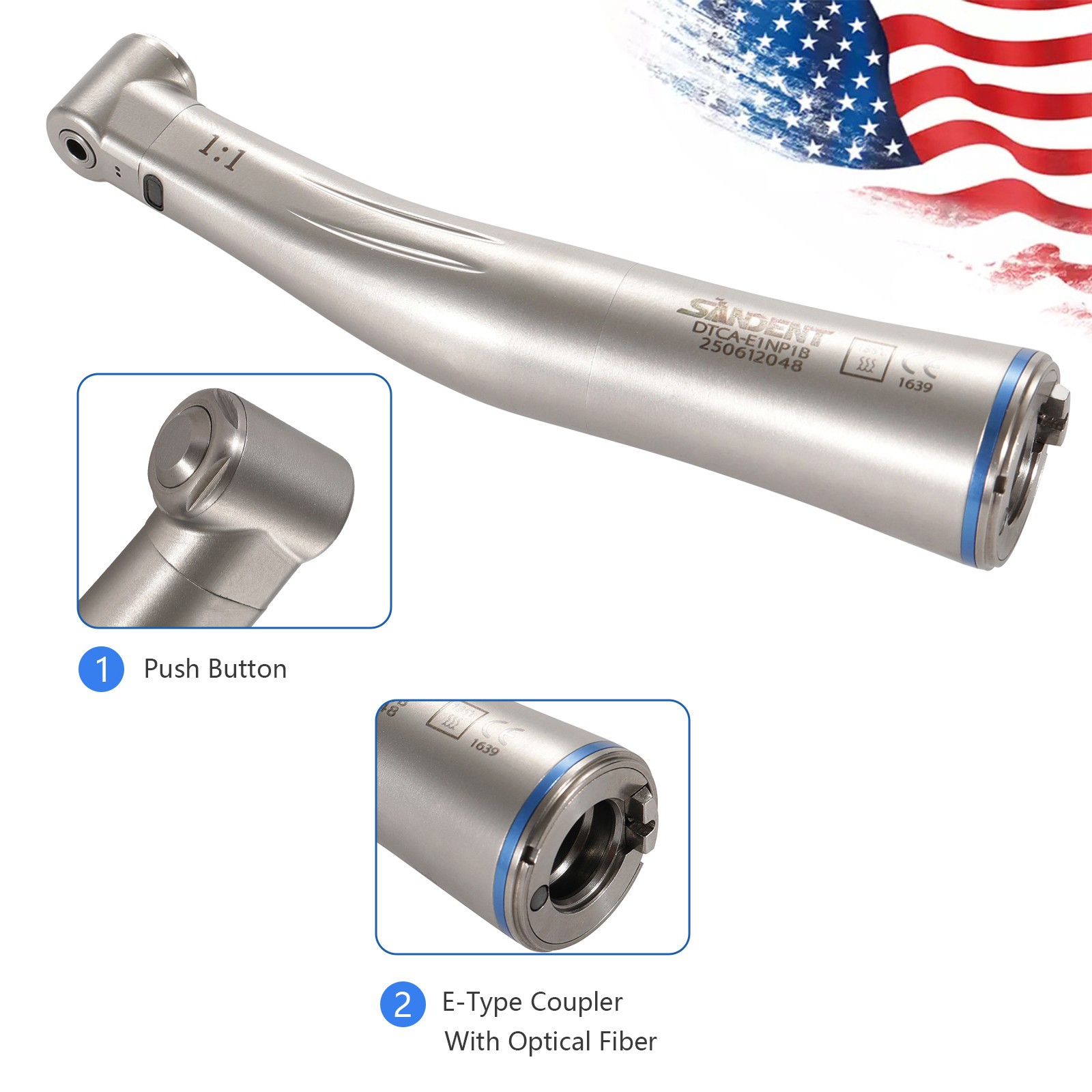 SANDENT Dental 1:1 Fiber Optic LED Contra Angle Handpiece Push Button E-type SA