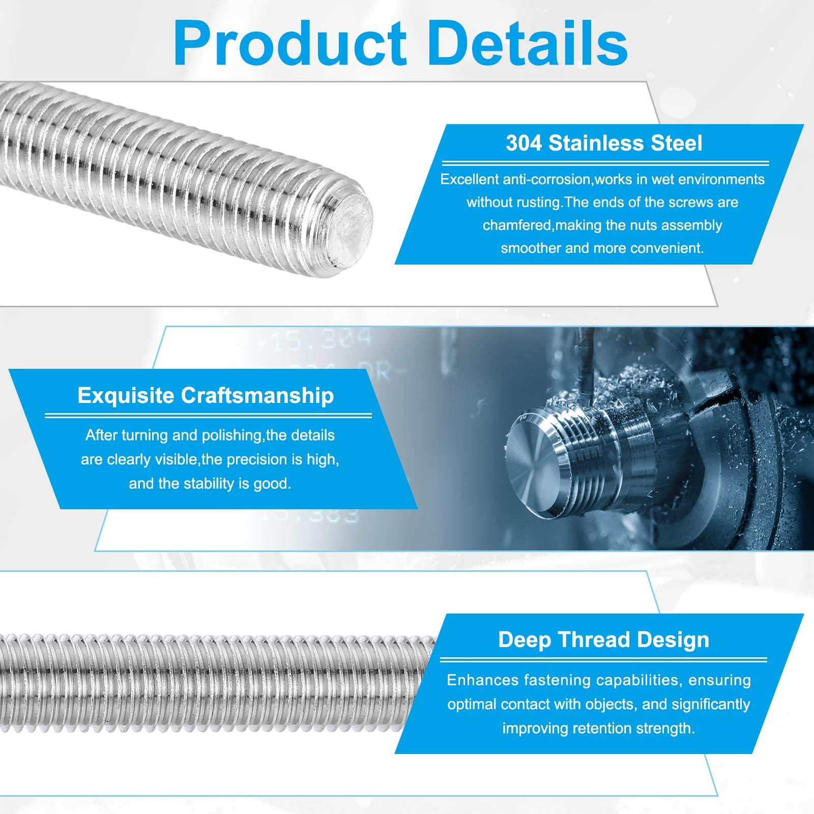 1/4″-20 Fully Threaded Rod, 7.9″ Length 304 Stainless Steel Thread Screw