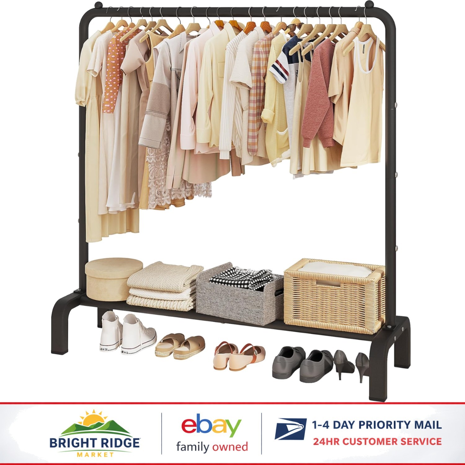 Stylish Black Clothing Rack with Bottom Shelf for Efficient Garment Organization