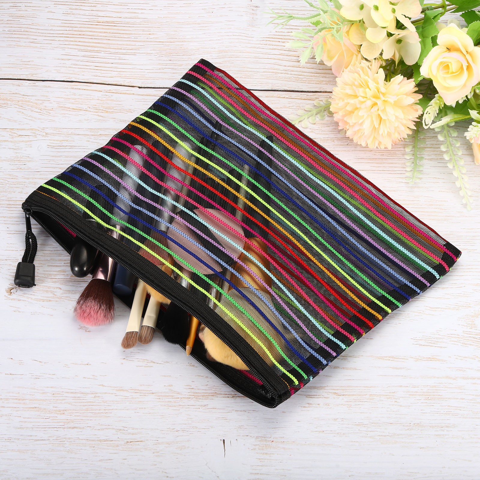 12Pcs Mesh Zipper Pouch, A5 Document Makeup Zipper Bag Travel Pouch, Black