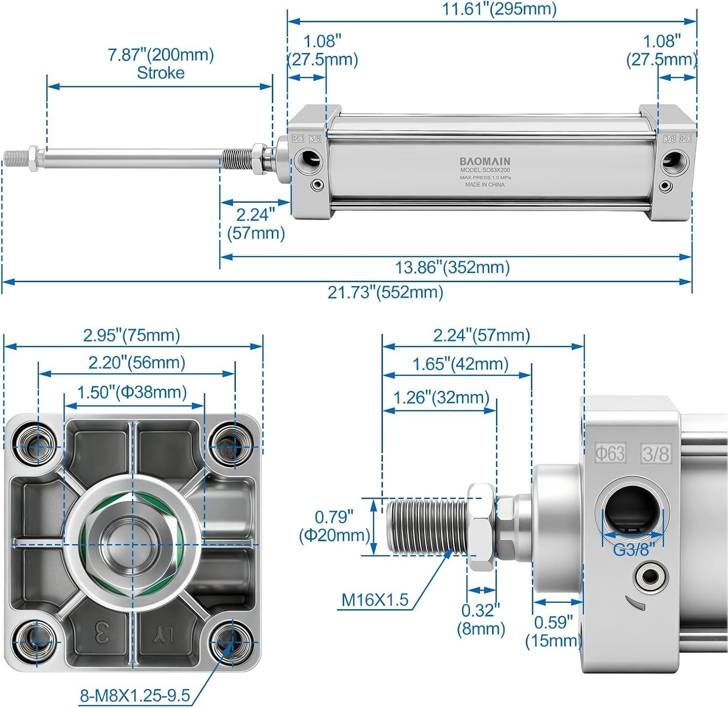 Pneumatic Air Cylinder SC 63 X 200, PT 3/8 Port, 2-1/2″ Bore, 7.87″ Stroke, Sing