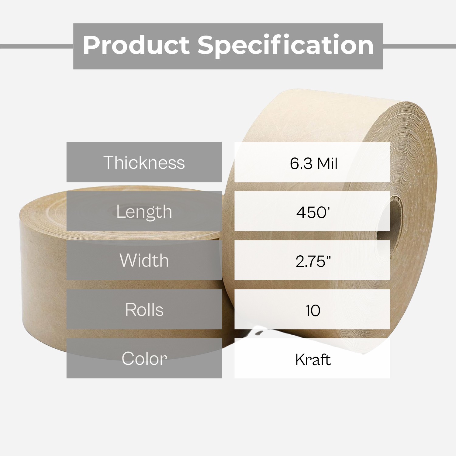 10 Rolls, Wolverine Economy Water Activated Gum Tape 70mm x 450′, Kraft, 6.3 Mil