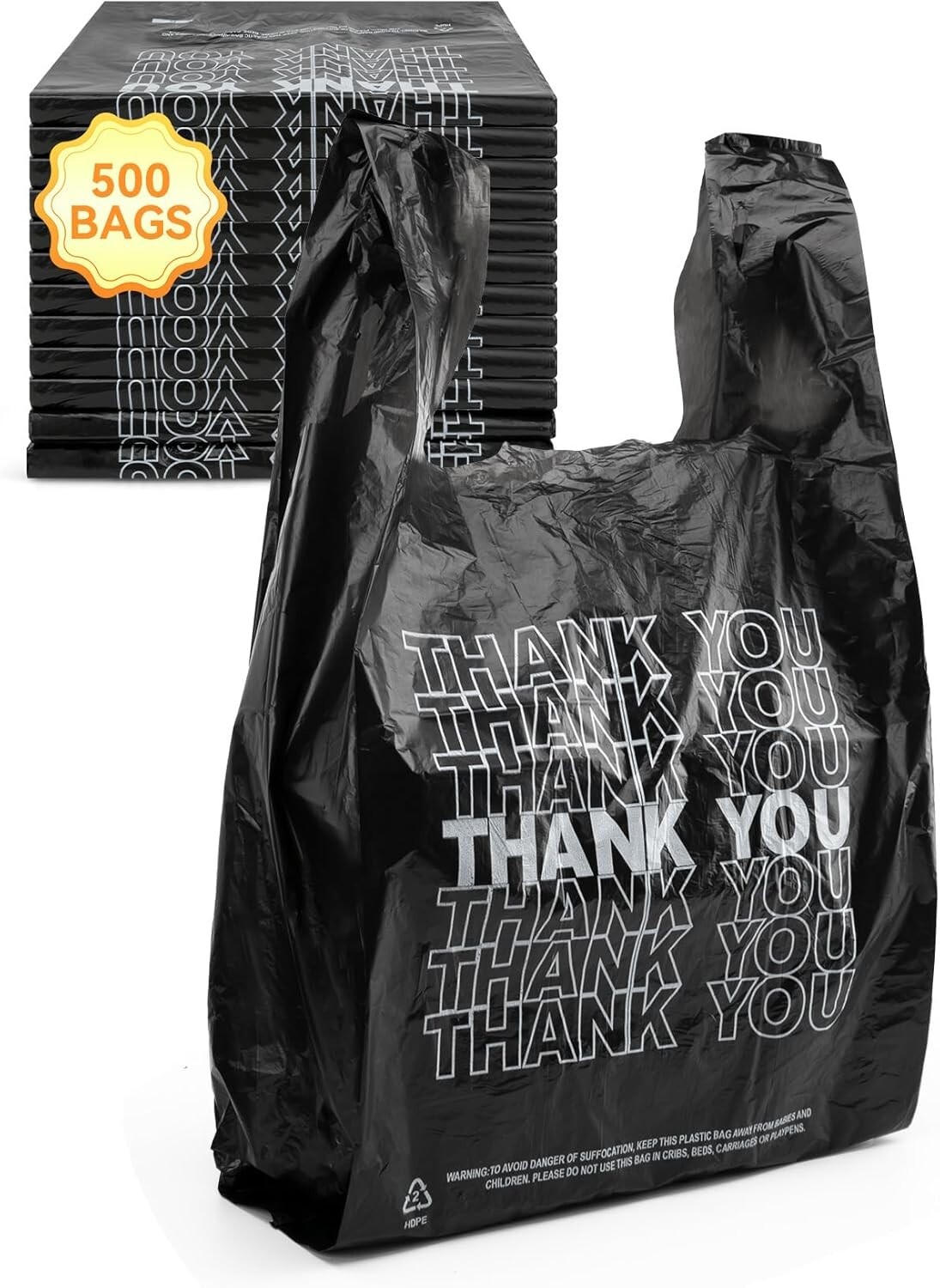 Thank You Plastic Bags, 12″ X 6″ X 22″, 1/6 barrel Black Grocery Bags
