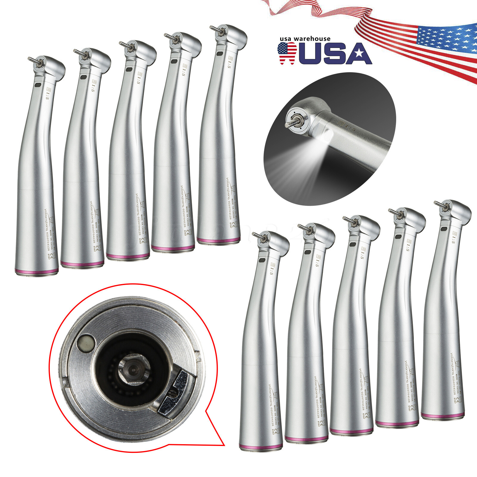 NSK Ti-MAX X95L Style Dental 1:5 LED Fiber Optic Contra Angle Handpiece Red Ring