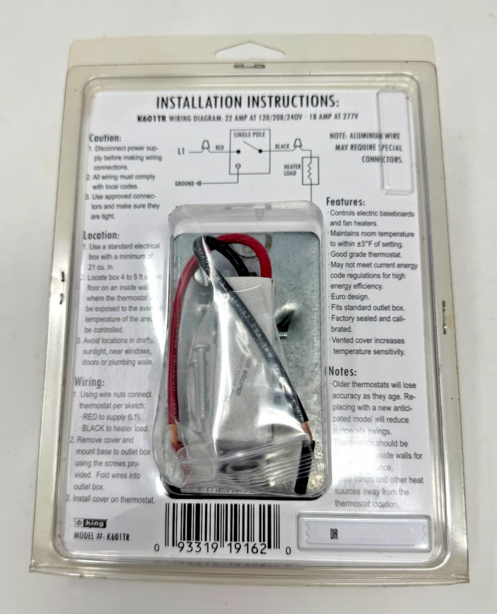 King Electric K601TR Single Pole Thermostat NEW