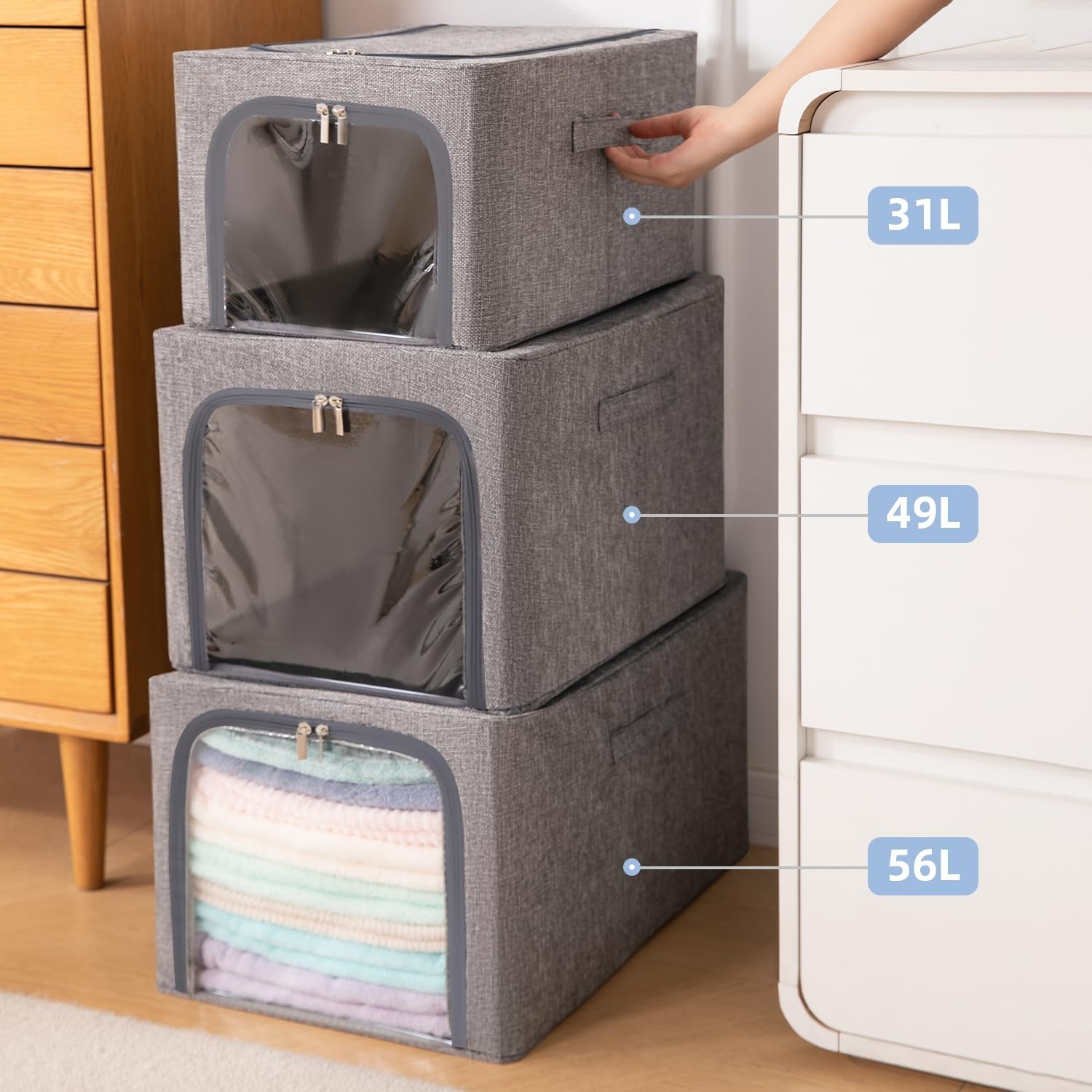 GuliPostan 3 Pack 31L Stackable Clothes Storage Bins with Metal Frame Handles…