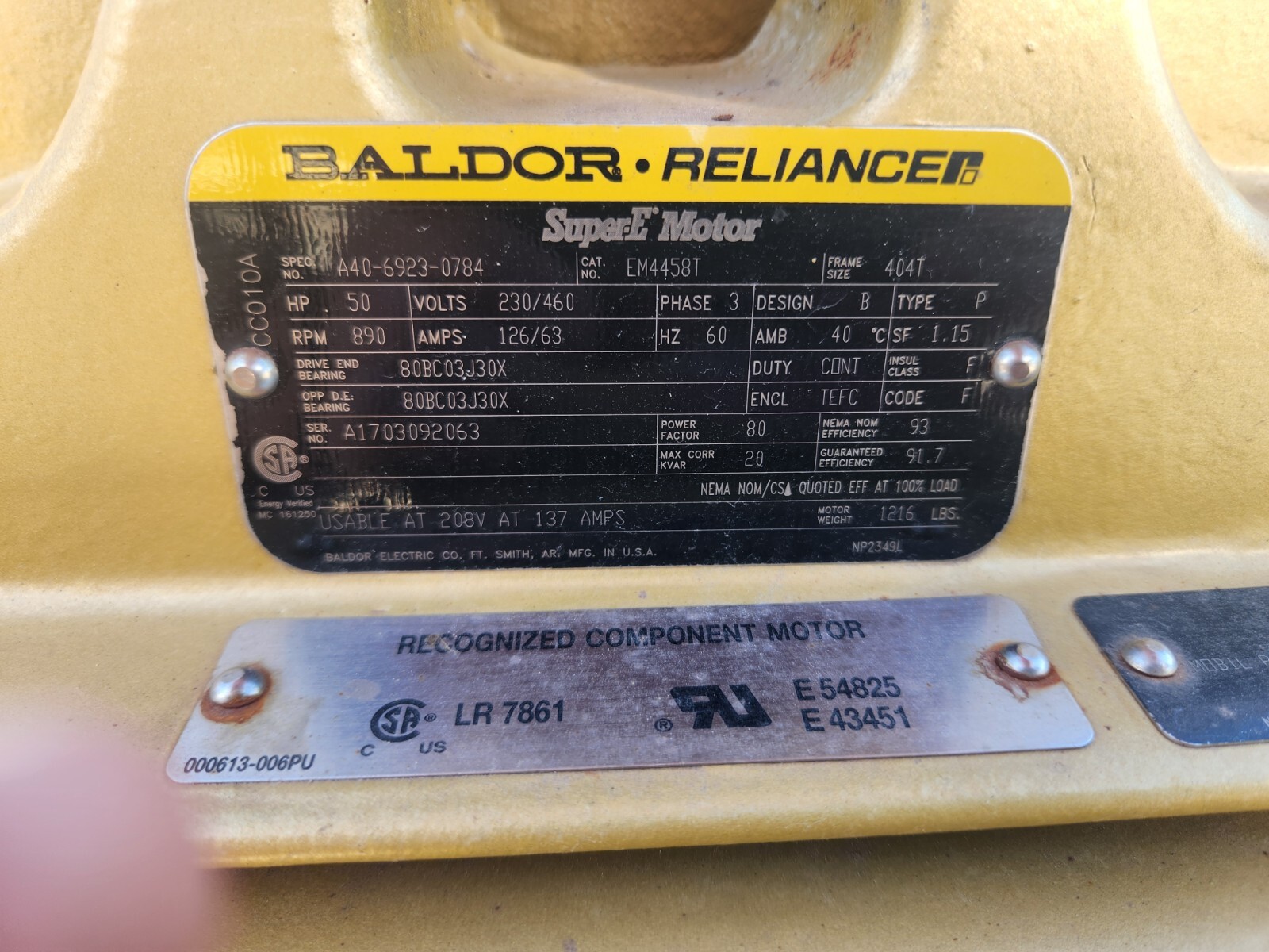 50 HP Baldor Electric Motor | EM4458T | 404T | 230 / 460 VAC | 60 Hz | 900 RPM |