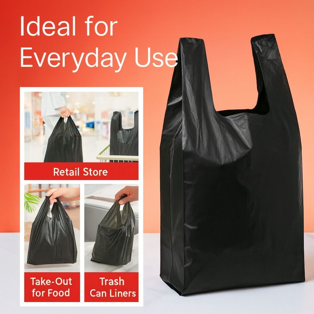 Bags 1/6 Large 21 x 6.5 x 11.5 BLACK T-Shirt Plastic Grocery Shopping Bags