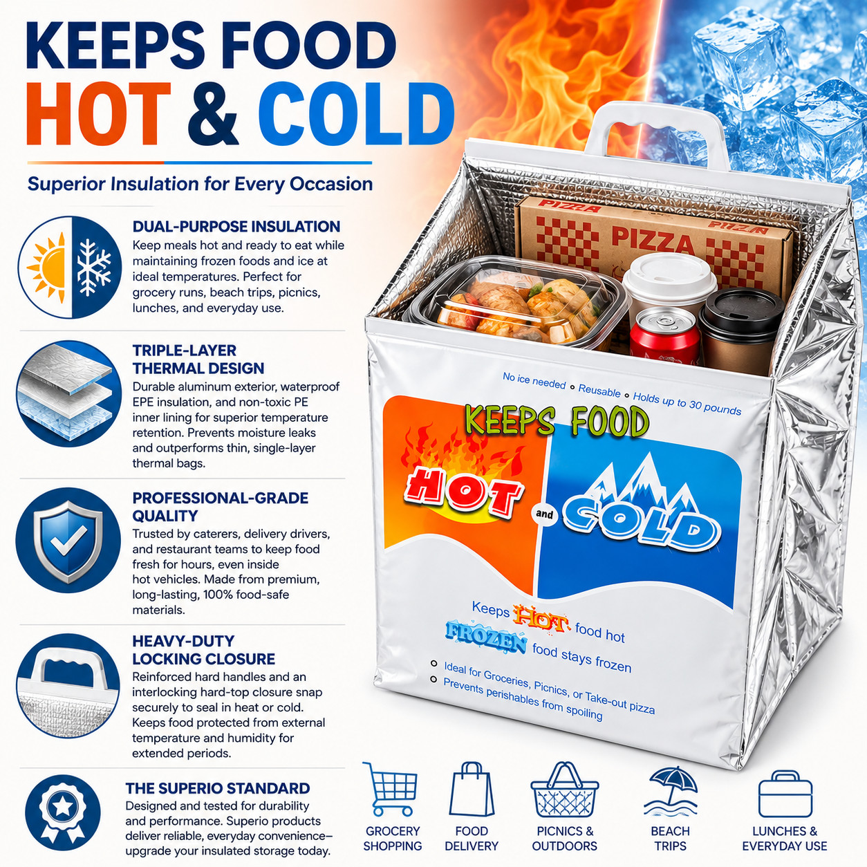 2 Pack Hot Cold Insulated Food Delivery Bags Thermal Grocery Shopping Cooler