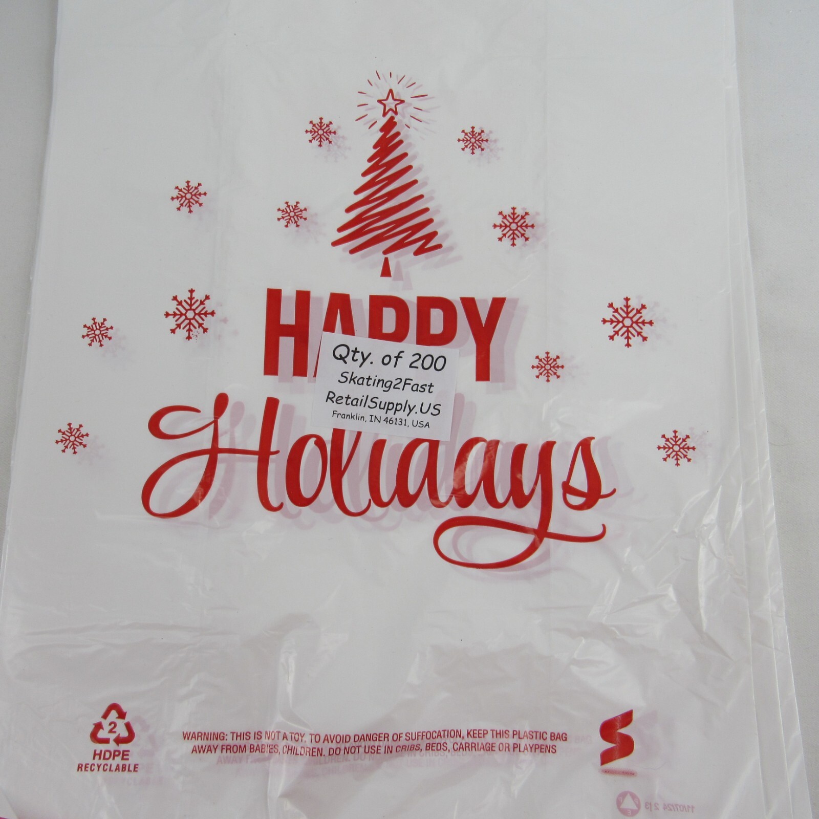 200 Qty. Happy Holiday Holiday Tree 1/6 Plastic T-Shirt Bags Handles 11″x6″x21″