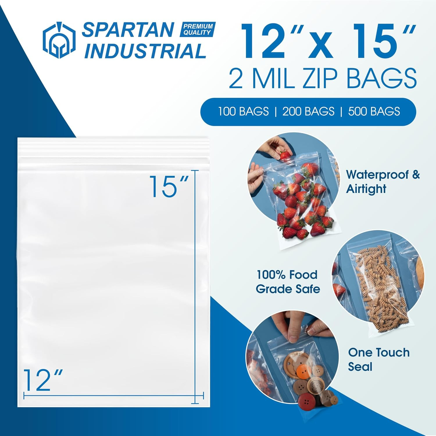 – 12″ X 15″ (100 Count) 2 Mil Clear Reclosable Zip Plastic Poly Bags with Reseal