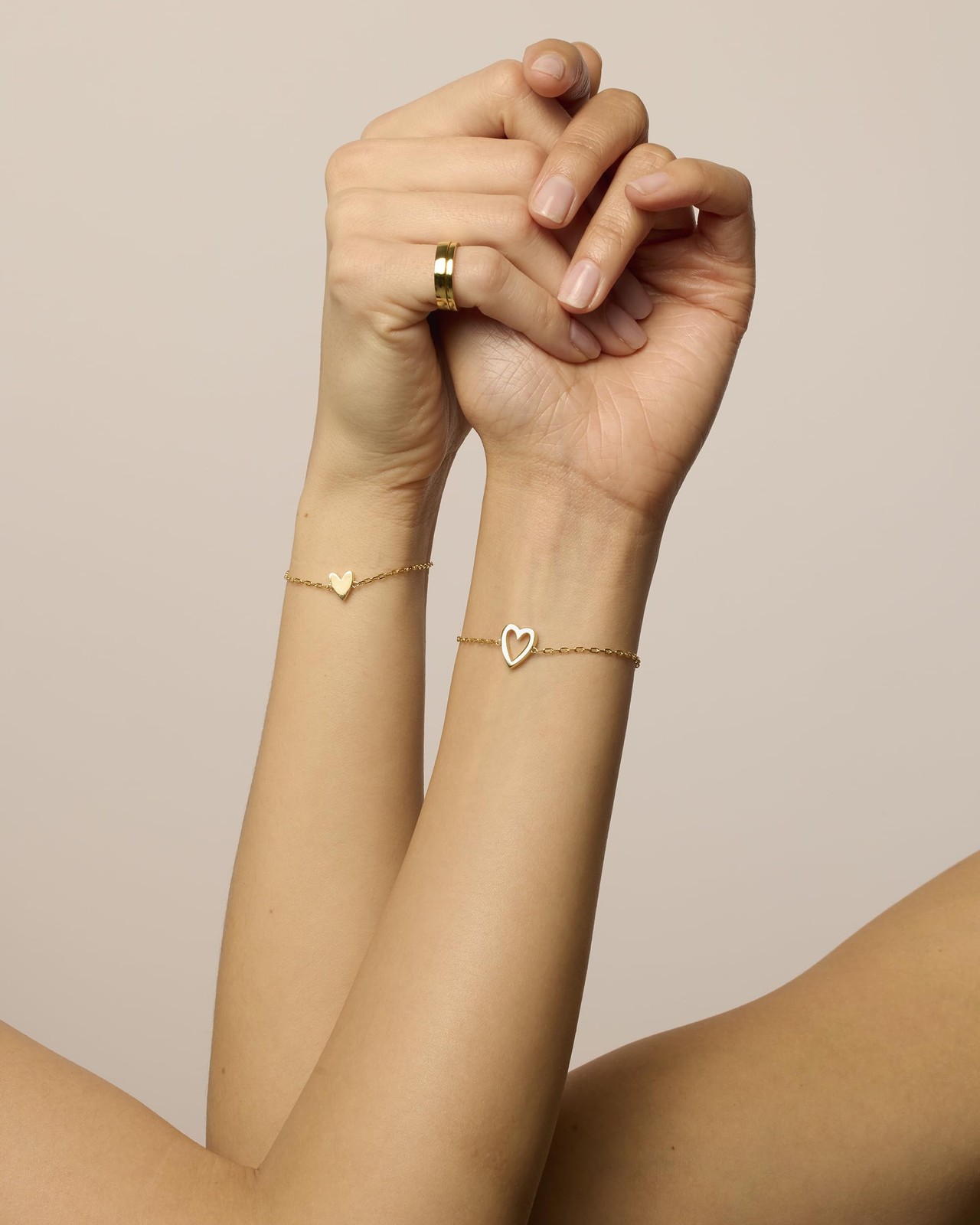 PAVOI 14K Gold Plated Matching Heart Charms Bracelet Set Women Adjustable 2-Pack