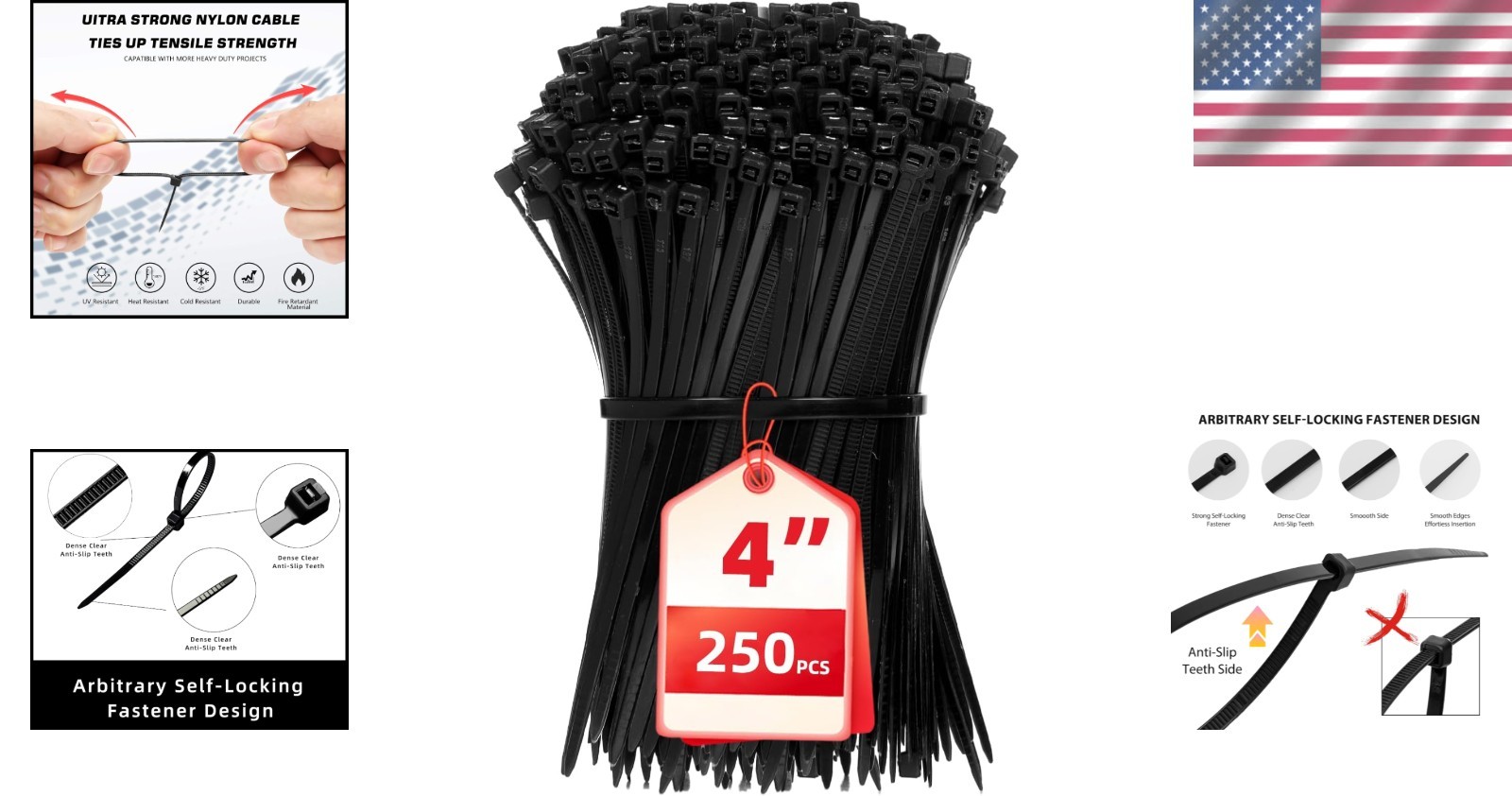 Durable 250 Count 4 Inch Nylon Self-Locking Zip Ties – Secure Cable Management