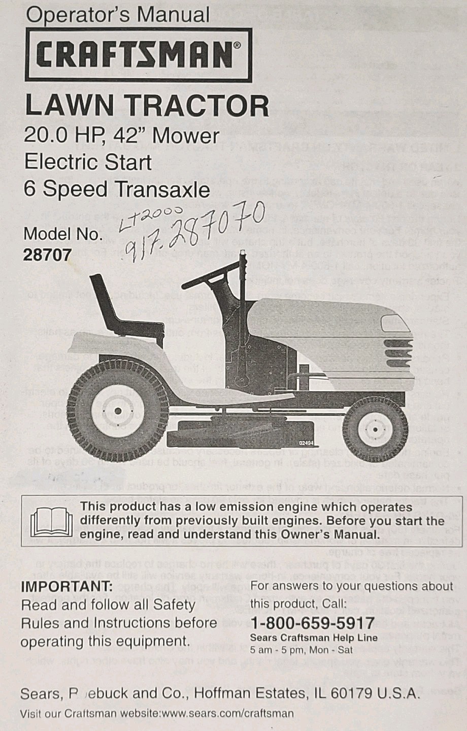 Sears Craftsman LT2000 20.0 h.p 42″ 6-spd Lawn Tractor 917.287071 Owners Manual