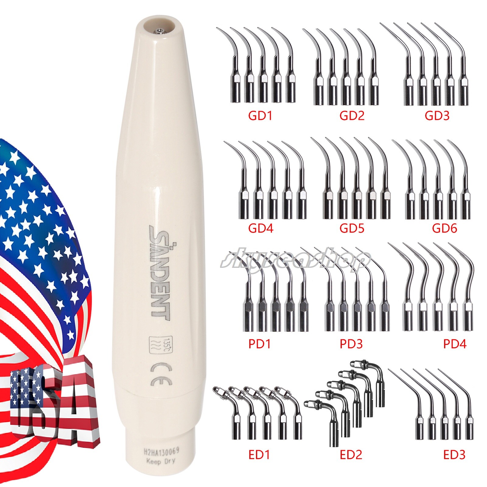 USA Dental Ultrasonic Piezo Scaler Handpiece / 5pcs Tips Fit DTE SATELEC SK-D1