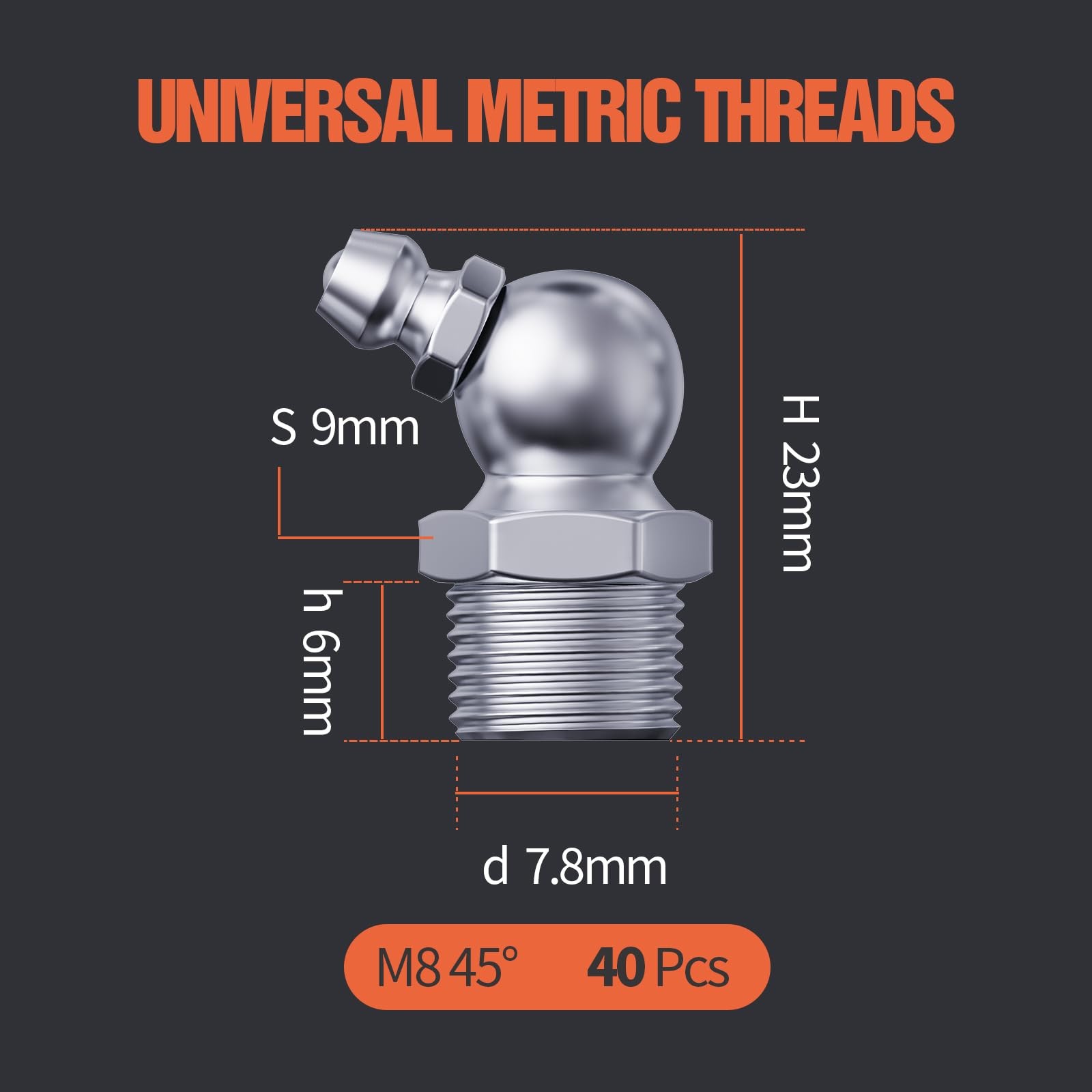 M8 Zerk Grease Fittings, Metric Grease Nipples with 45-Degree Angle, Grease F