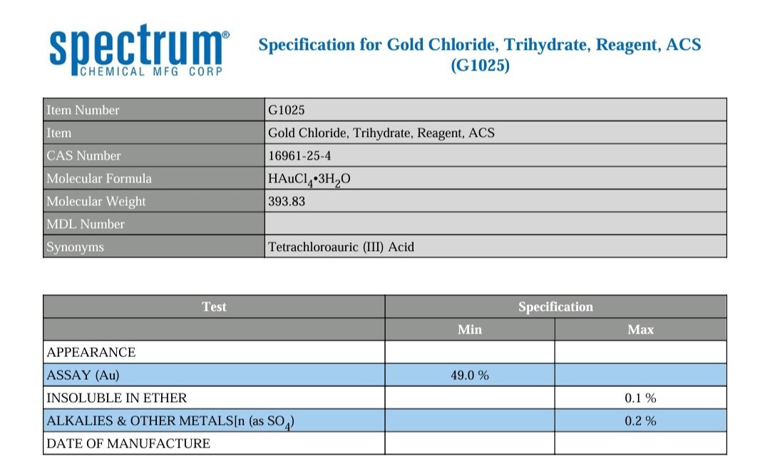 NEW & SEALED 10g Gold Chloride Trihydrate Reagent ACS G1025 ‘Spectrum Chemicals’