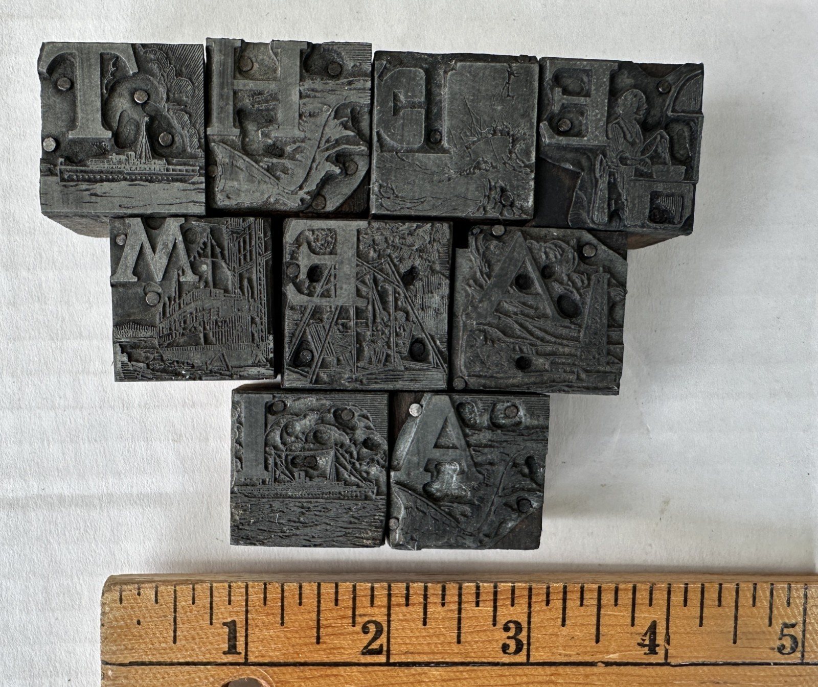 Vtg Type Set Print Block Letter Nautical Illustrated People Dining Cooking Scene