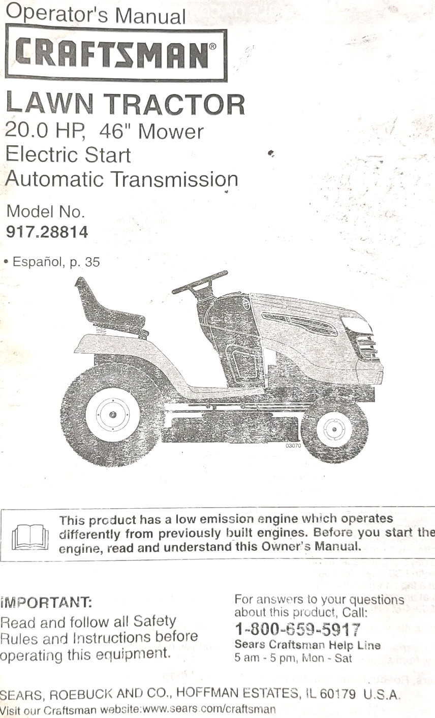 Sears Craftsman DLS4500 20.0 h.p Hydro 46″ Lawn Tractor 917.288141 Owners Manual
