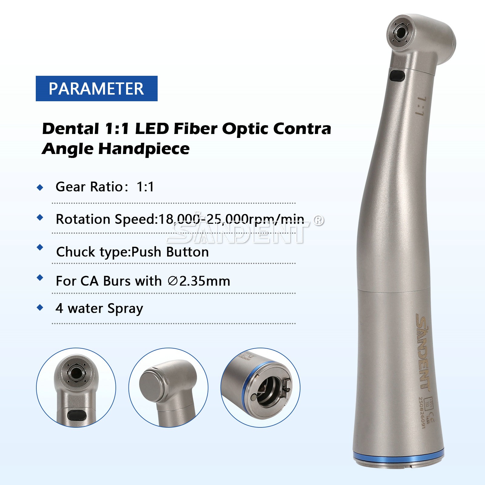 Dental 1:1 Fiber Optic LED Contra Angle Handpiece 4 Spray Push Button fit NSK po