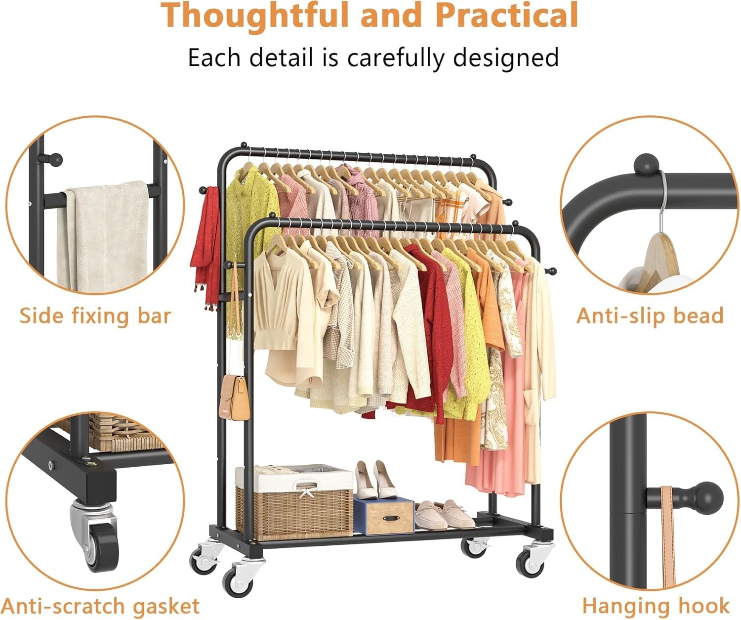 Black Double Rods Garment Rack with Wheels – 150lbs Capacity