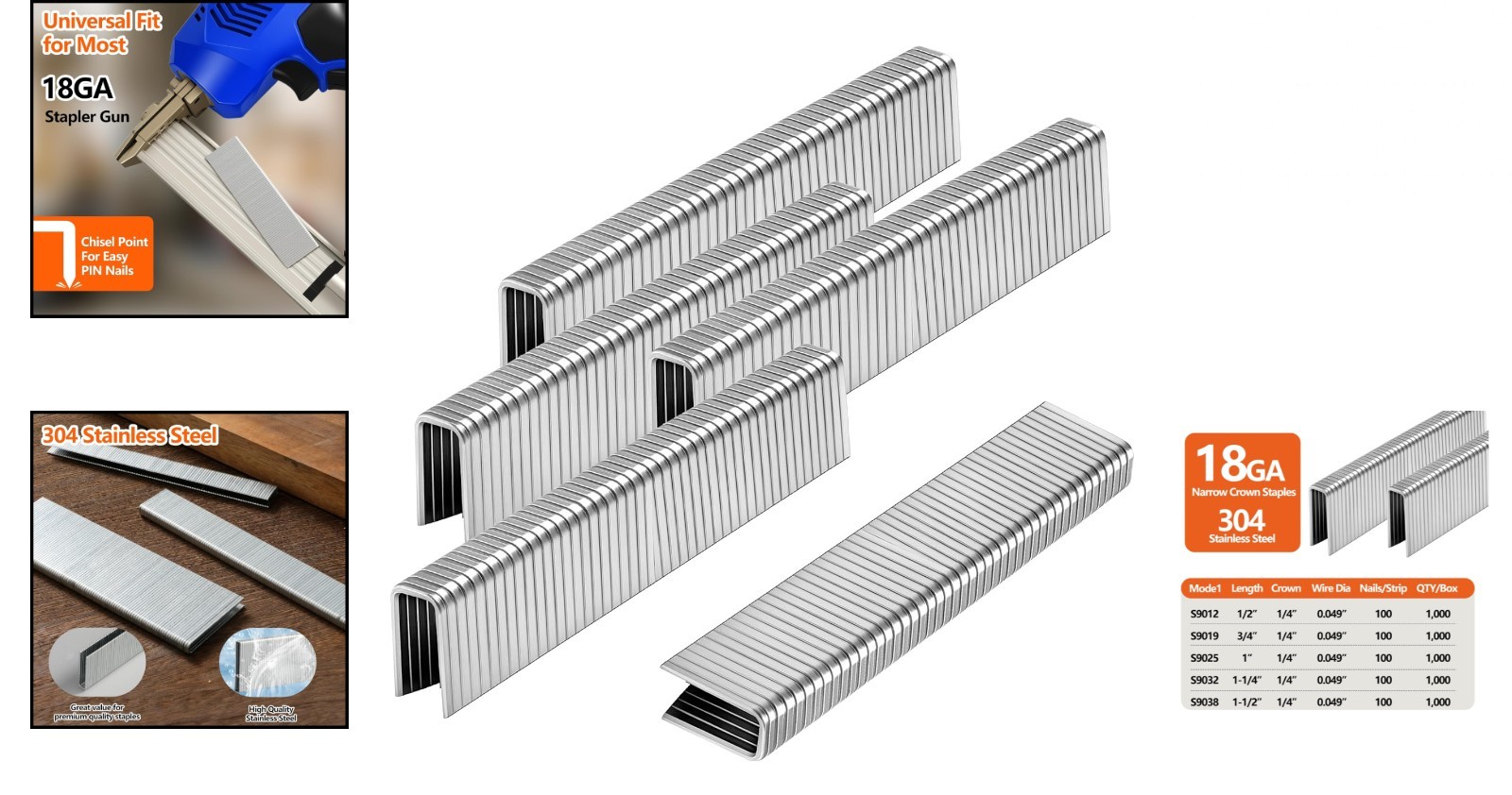 304 Stainless Steel 18GA Narrow Crown Staples, 1000 Pieces for DIY Projects
