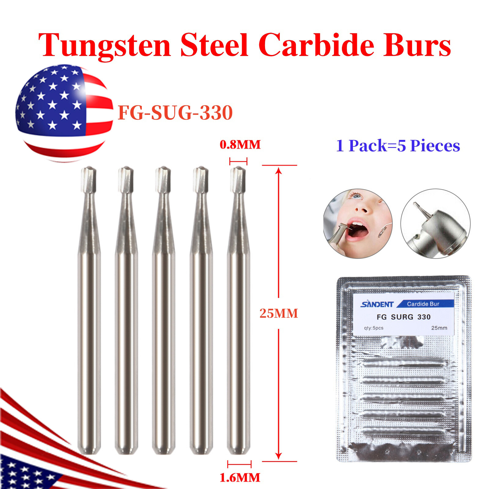 FG # 330 Dental Surgical Carbide Burs 25mm (100pcs=10 Packs)